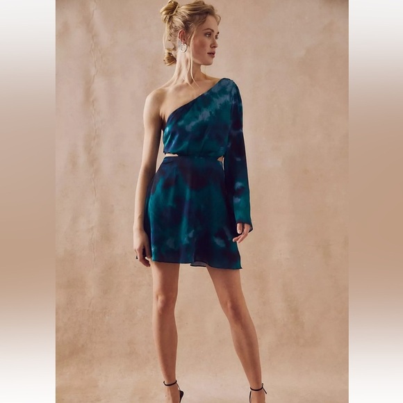 Free People Arianna One Shoulder Blue/Green Tie Dye Mini Dress Size 0 NWT